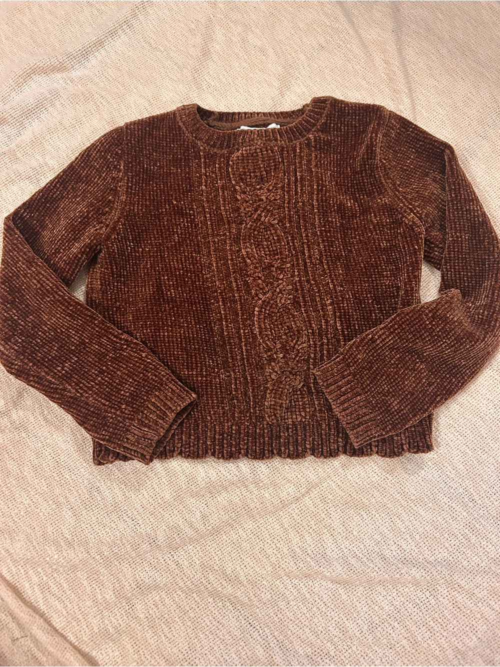 Girls Brown Chenille Cable-Knit Sweater